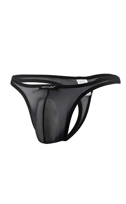Black mesh thong with solid waistband and joesnyder branding in a joe snyder thong product image