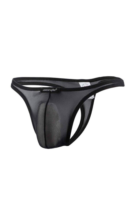 Black mesh thong with solid black waistband and brand name joesnyder printed on it from Joe Snyder thong collection