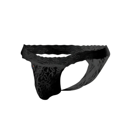 Black lace thong Joe Snyder JSL03 with intricate floral patterns and scalloped waistband front view