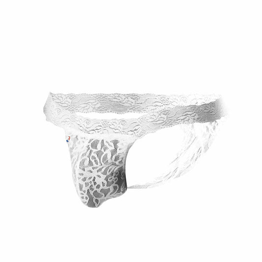 White lace thong joe snyder jsl03 with intricate floral patterns and sheer mesh texture front view