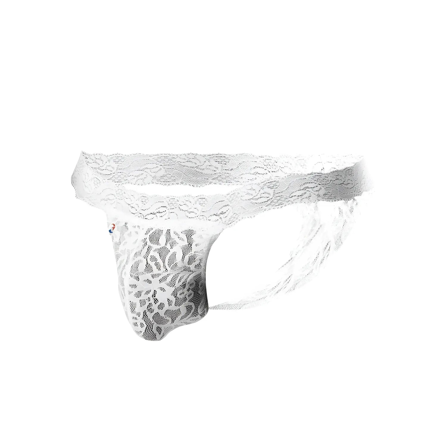 White lace thong joe snyder jsl03 with intricate floral patterns and sheer mesh texture front view