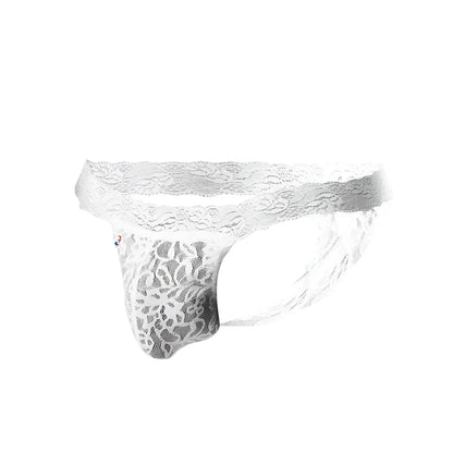 White lace thong joe snyder jsl03 with intricate floral patterns and sheer mesh texture front view