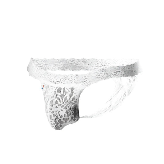 White lace thong joe snyder jsl03 with intricate floral patterns and sheer mesh texture front view