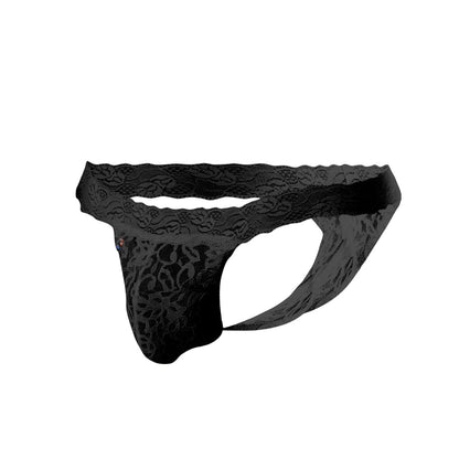 Black lace thong Joe Snyder JSL03 with intricate floral patterns and scalloped waistband in front view