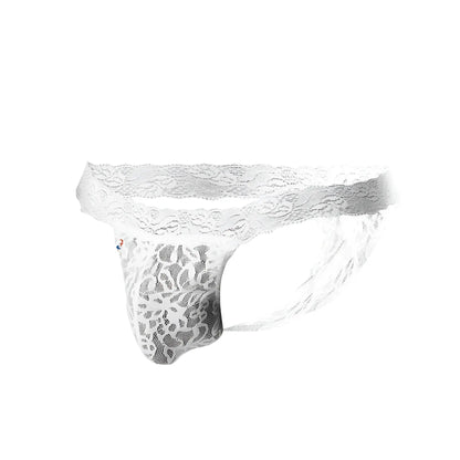 White lace thong Joe Snyder JSL03 featuring intricate floral patterns and sheer mesh texture