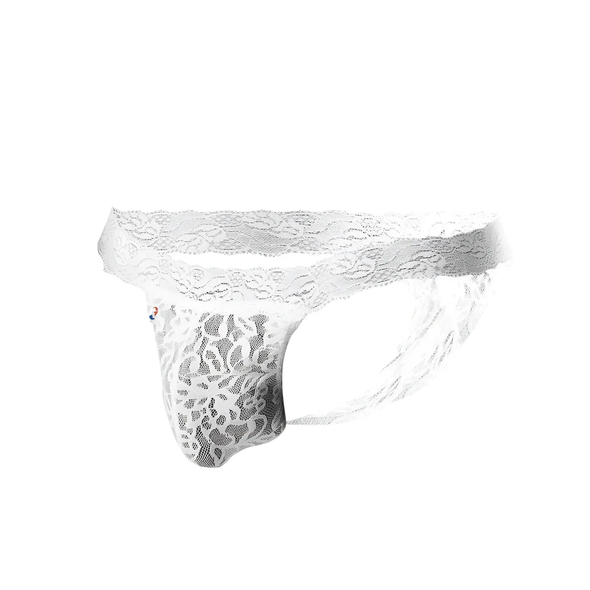 White lace thong joe snyder jsl03 with intricate floral patterns and sheer mesh-like texture displayed from front