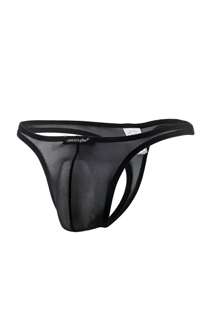Joe Snyder thong mesh in black with a solid elastic waistband and trim made of breathable mesh fabric