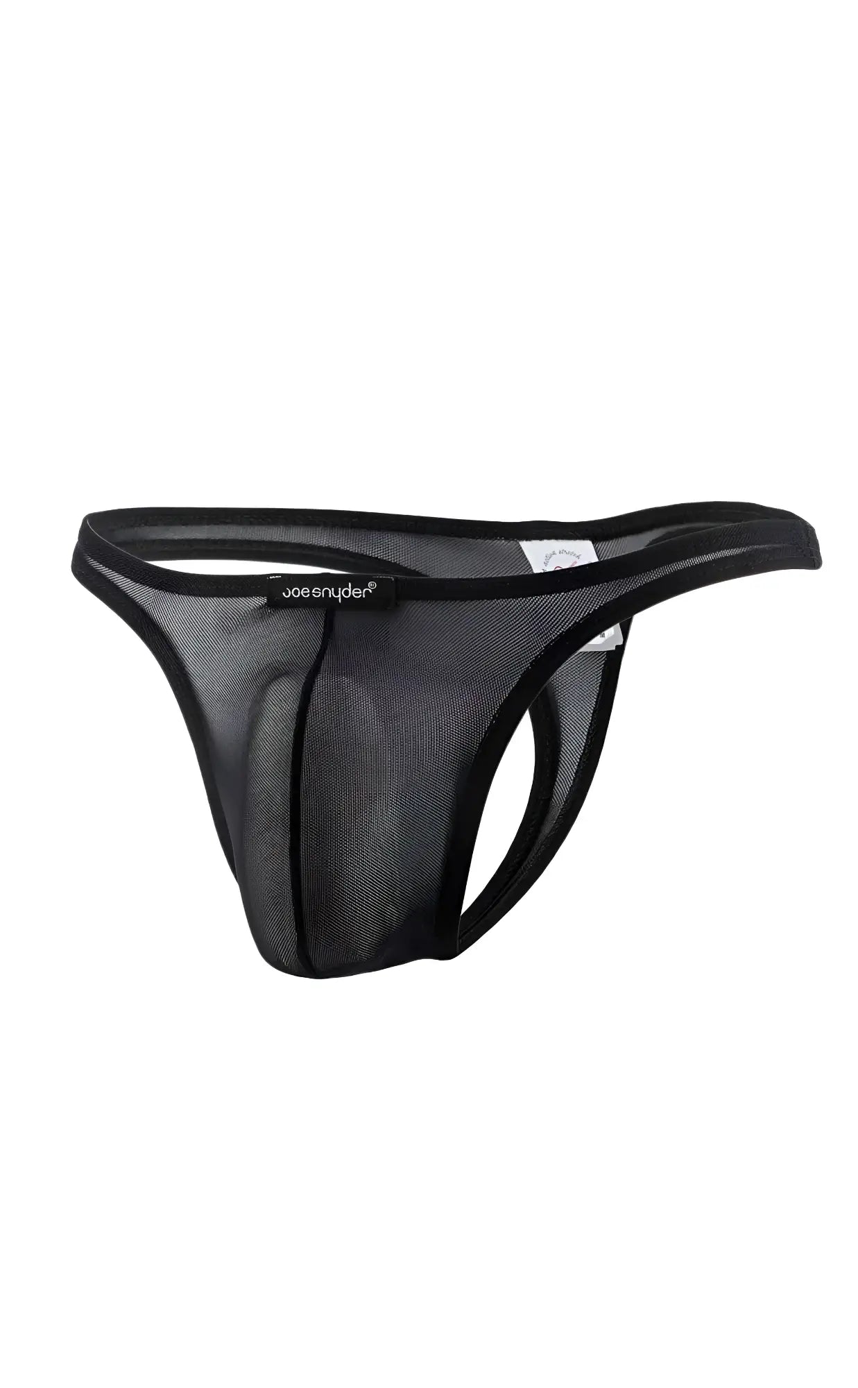 Joe Snyder thong mesh in black with a solid elastic waistband and trim made of breathable mesh fabric