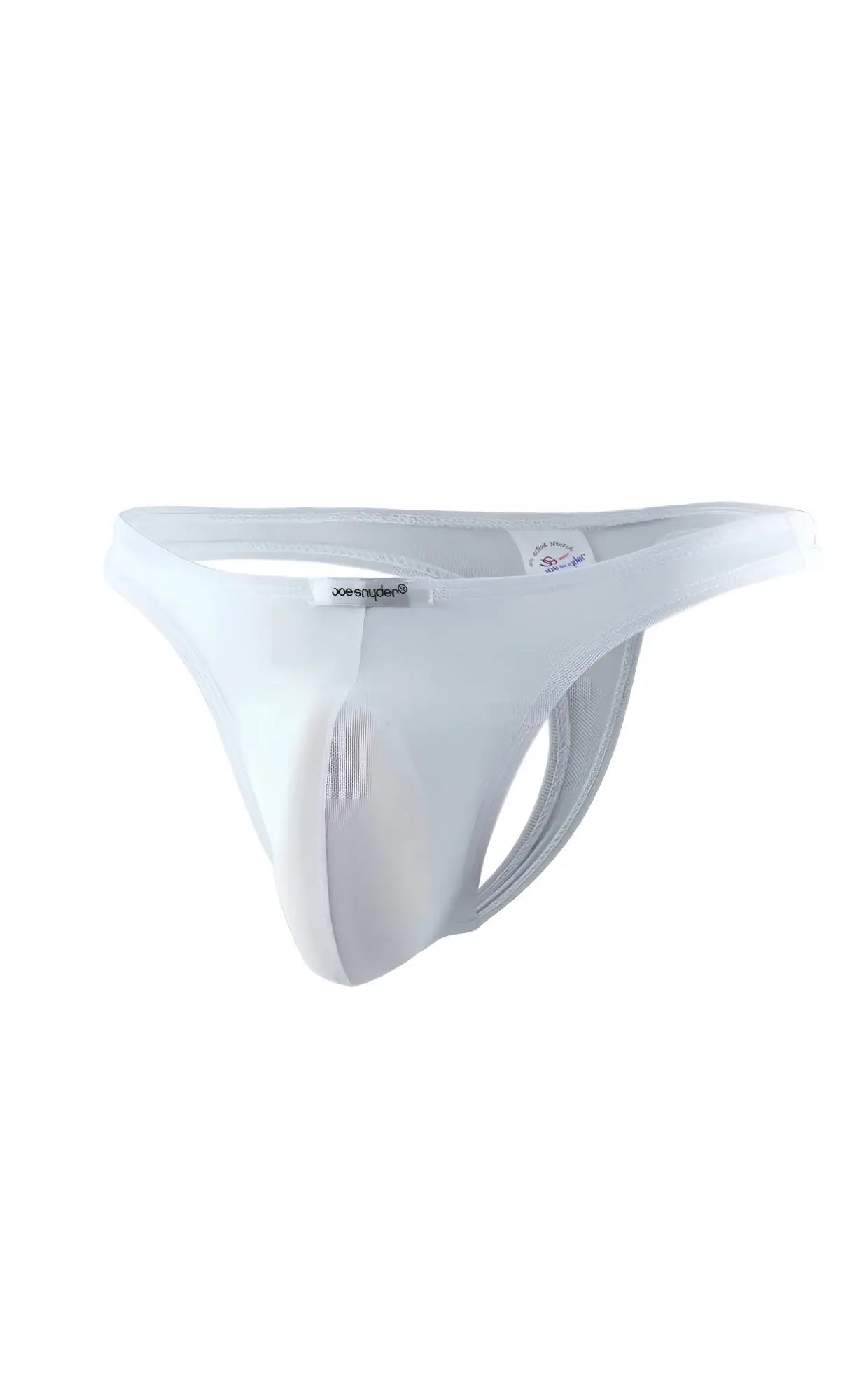White smooth-textured joe snyder thong mesh with supportive design and subtle branding on waistband
