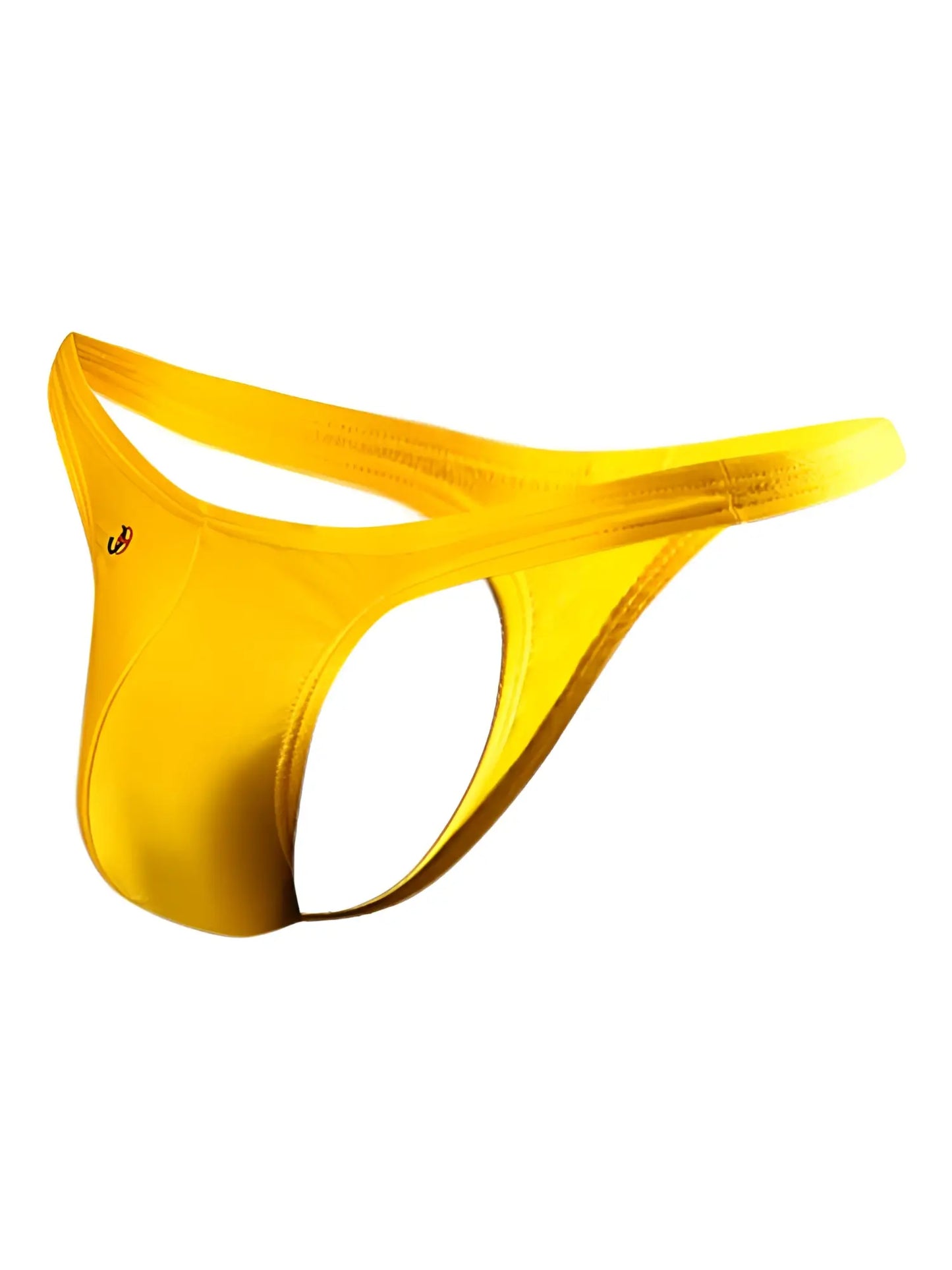 Vibrant yellow satin Joe Snyder thong with sleek minimalist design and subtle brand logo on the side