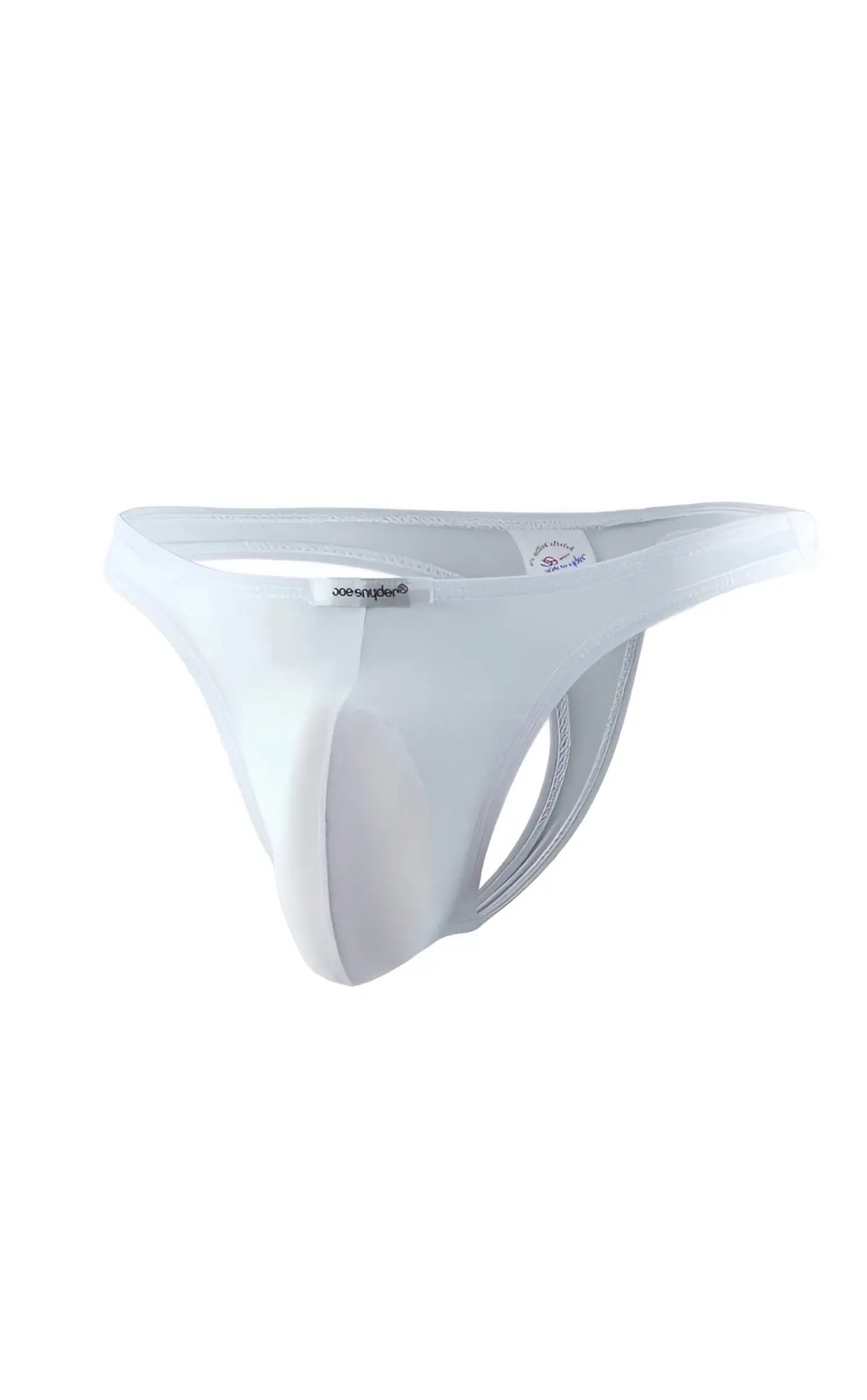 White seamless thong style men’s underwear with supportive design and Joe Snyder brand tag on waistband