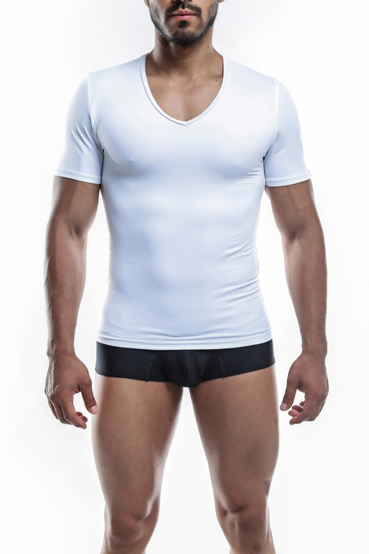 White v-neck short-sleeved athletic shirt by Joe Snyder designed for performance and comfort
