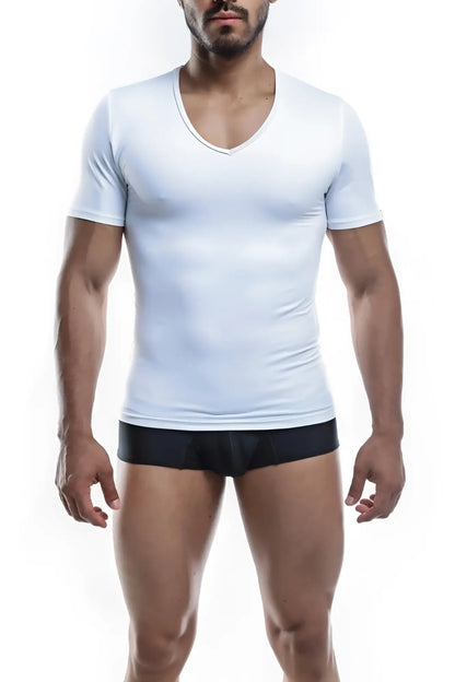 White v-neck short-sleeved athletic shirt by Joe Snyder designed for performance and comfort