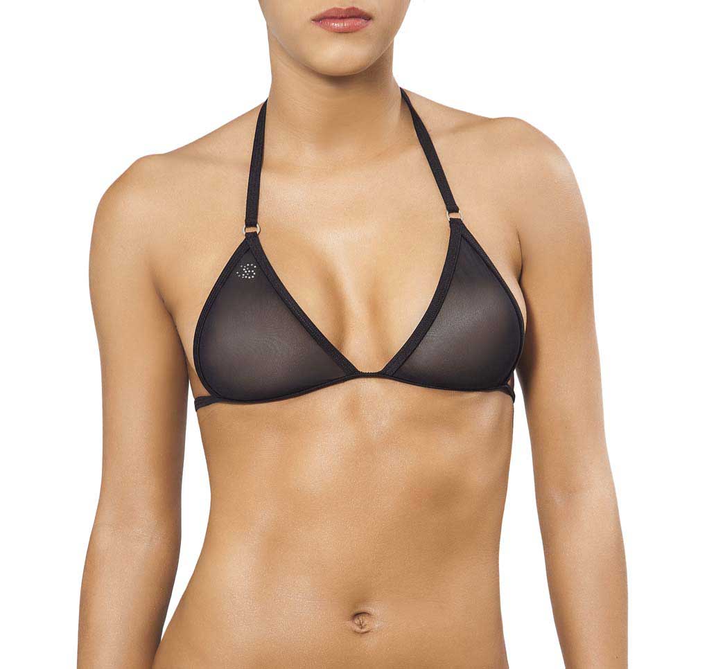 Joe Snyder women Corfu top black sheer triangle bikini with thin straps and small embellished detail on upper left side
