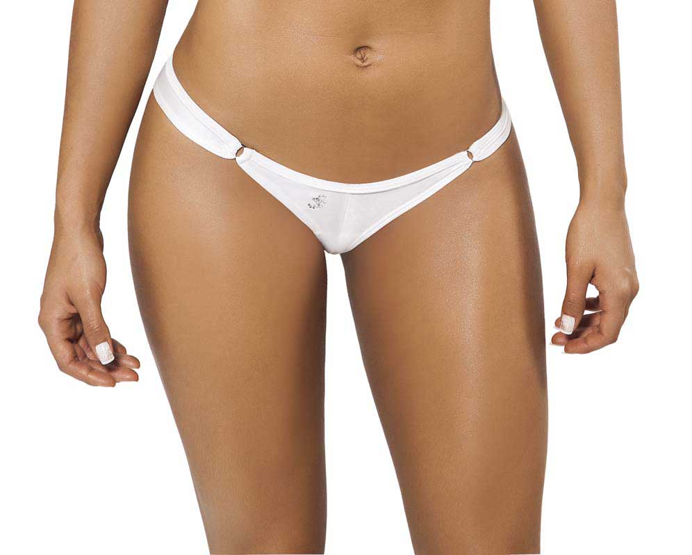 White thong bikini bottom with small decorative emblem on front from joe snyder women crete tanga collection