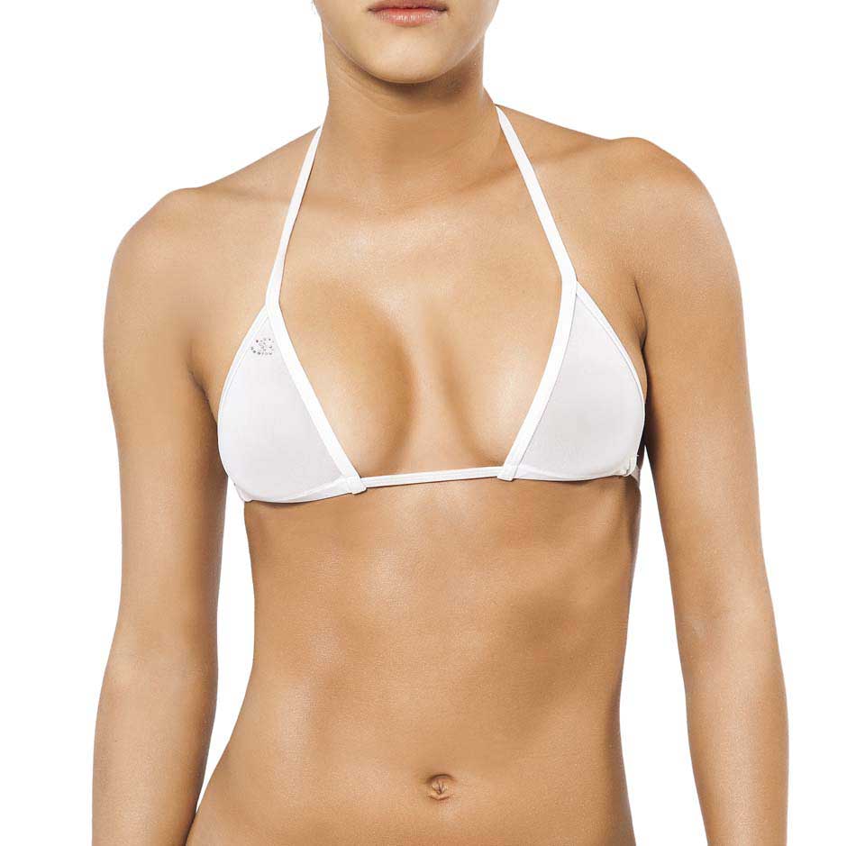 White triangle bikini top with thin straps and small logo on the left side by Joe Snyder women Lefkada top