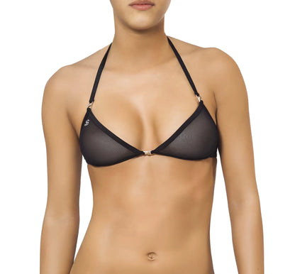 Black mesh triangle bikini top with thin straps and metallic hardware accents from Joe Snyder Women Lemnos Top