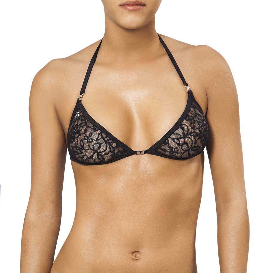 Black lace triangle bikini top with delicate floral patterns and thin adjustable straps by joe snyder women lemnos top