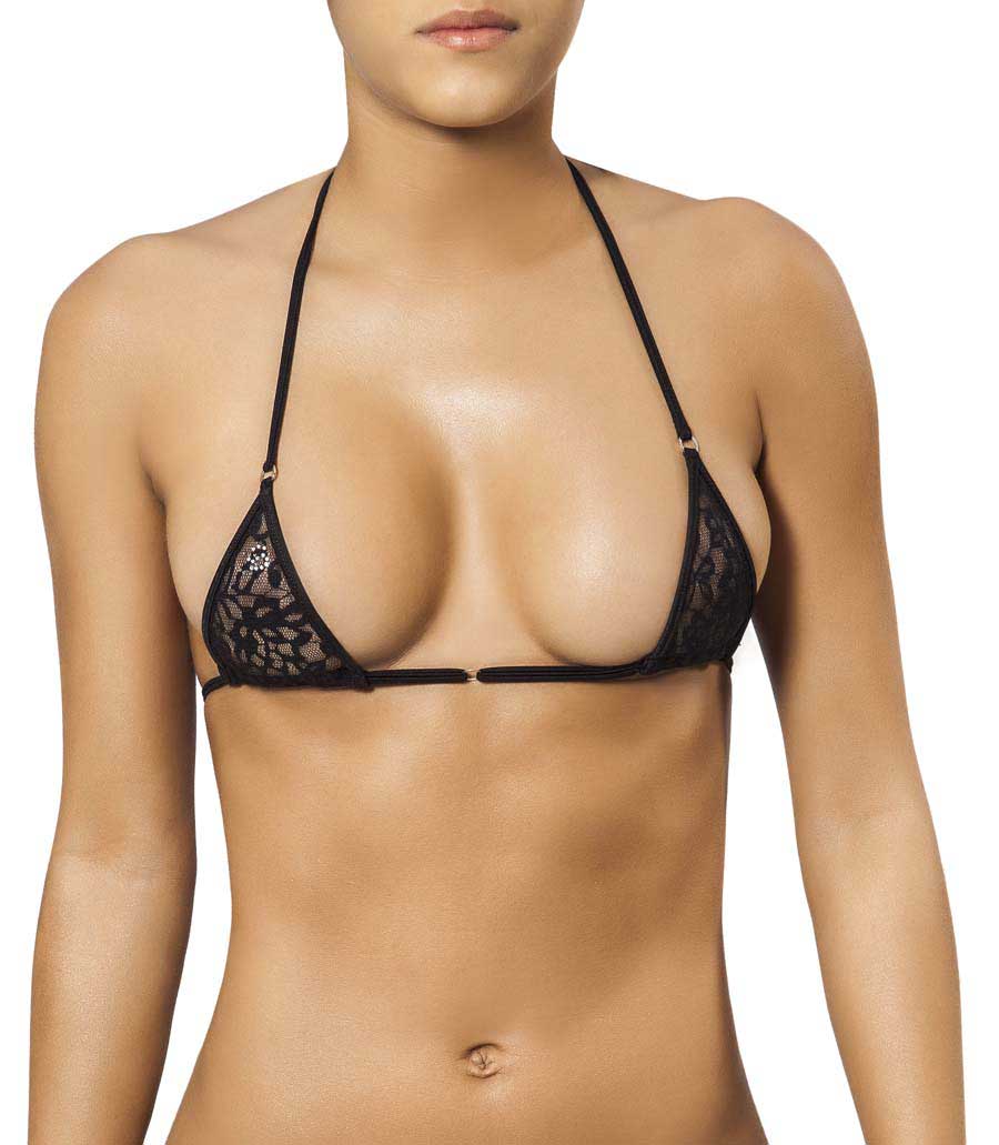 Black lace triangle bikini top with delicate floral patterns and thin straps from Joe Snyder women Mykonos top