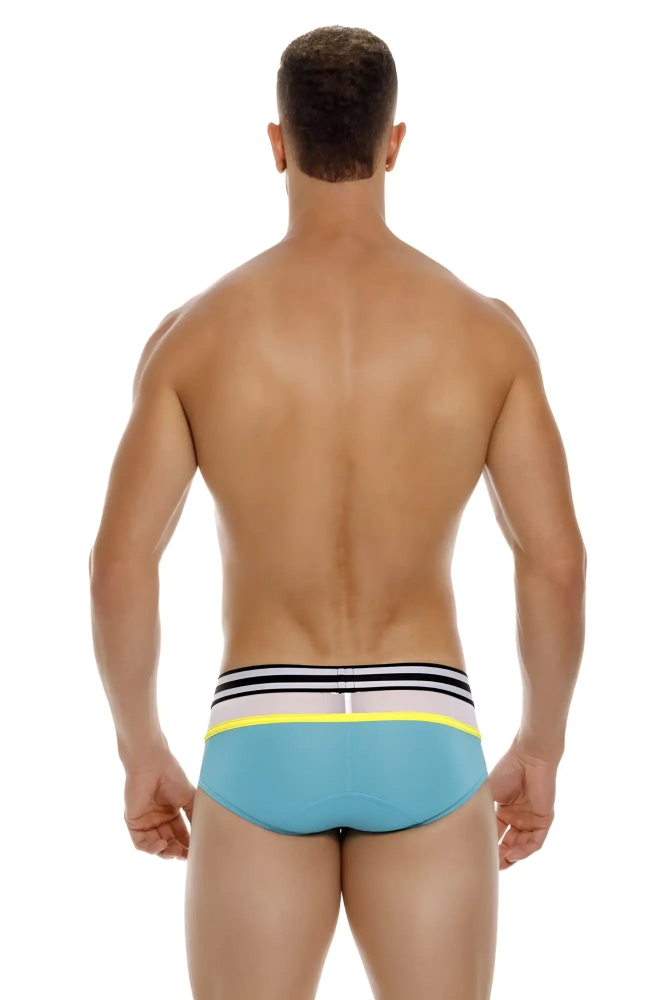 Light blue jor 1941 athletic briefs with striped black white and neon yellow waistband in green color