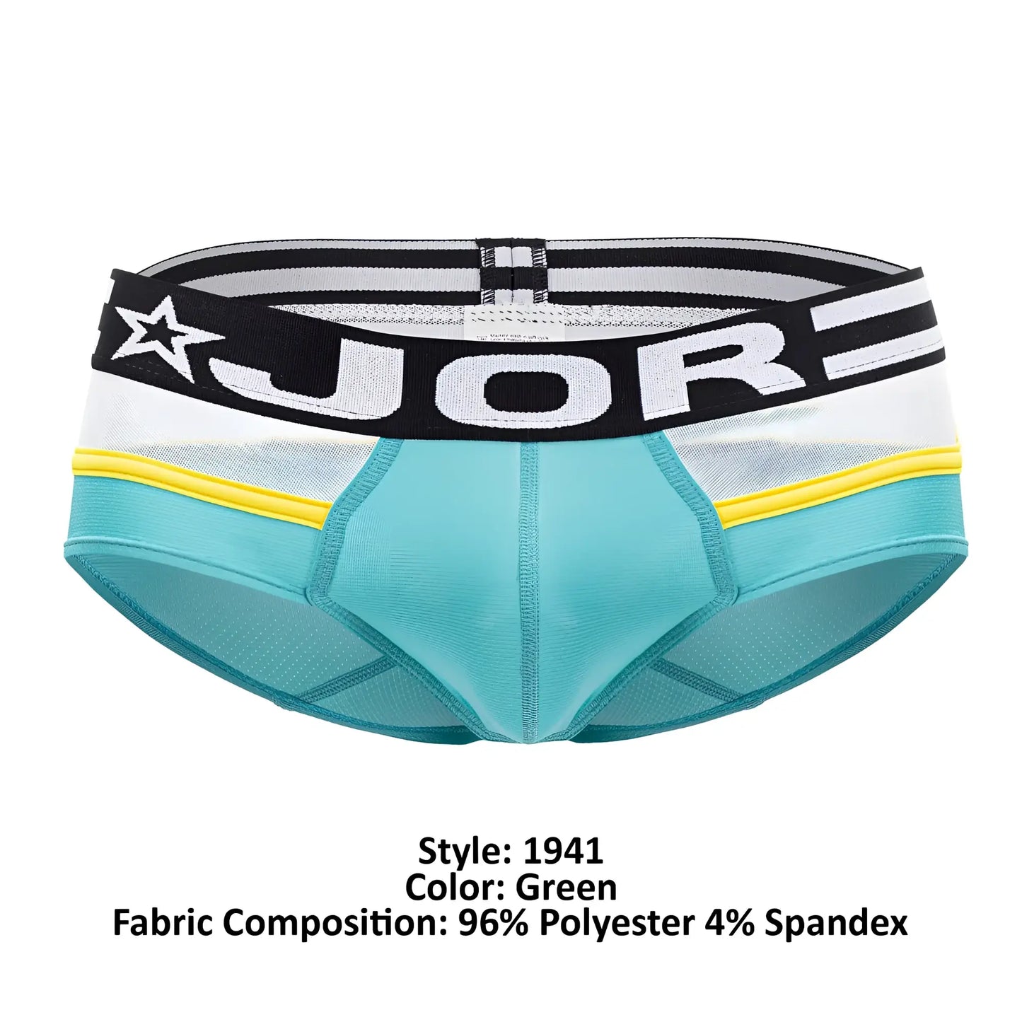 Teal-green jor 1941 athletic briefs with a black and white striped waistband featuring the jor logo