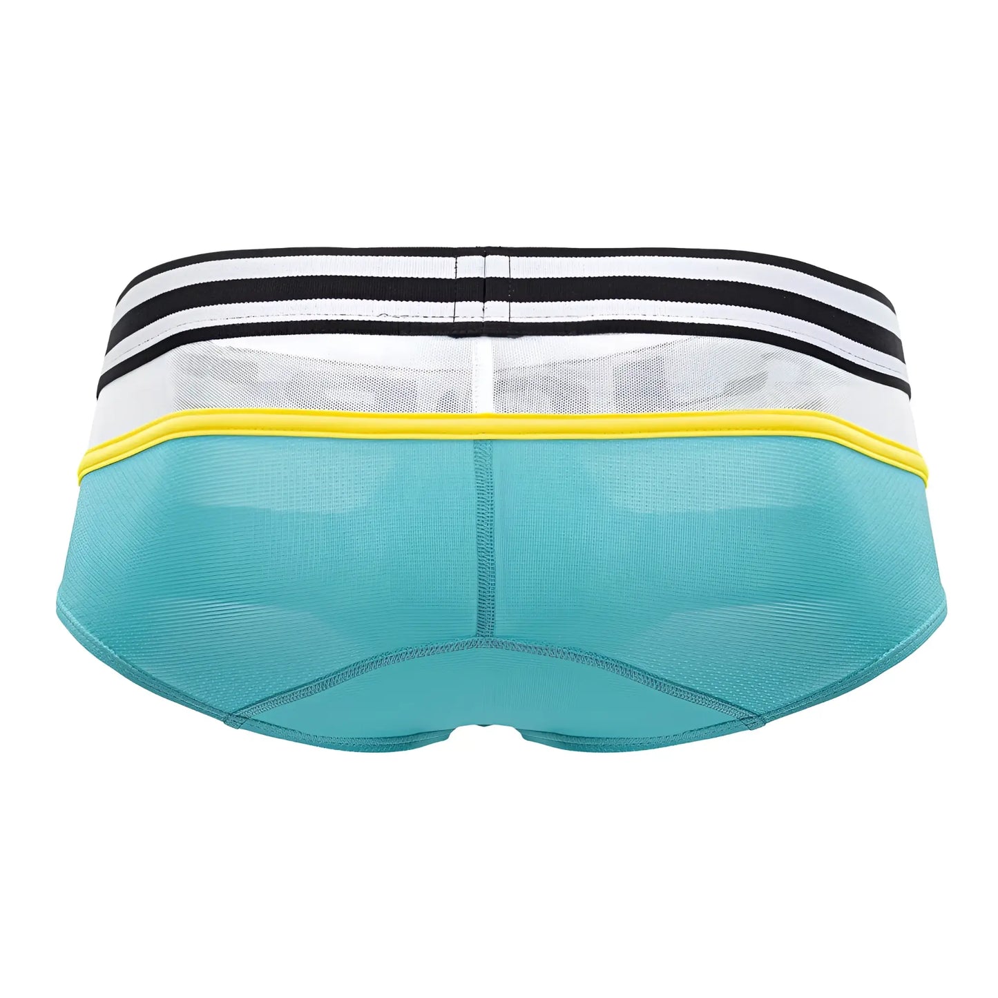 Teal mesh jor 1941 athletic briefs with white waistband black stripes and yellow trim designed for activewear use