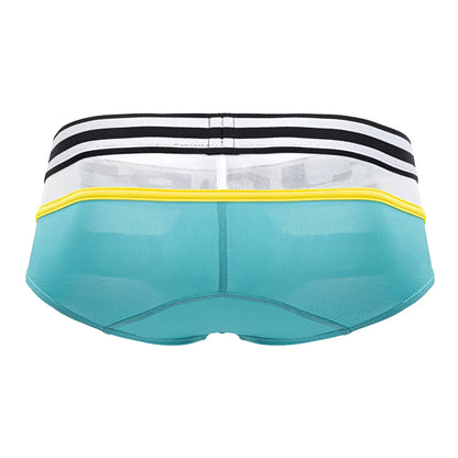 Teal mesh jor 1941 athletic briefs with white waistband black stripes and yellow trim designed for activewear use
