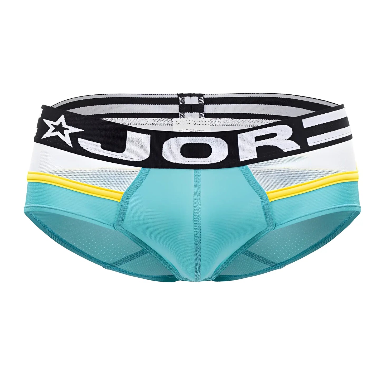 Teal and white JOR 1941 athletic briefs with black yellow gray striped waistband and star logo in green color