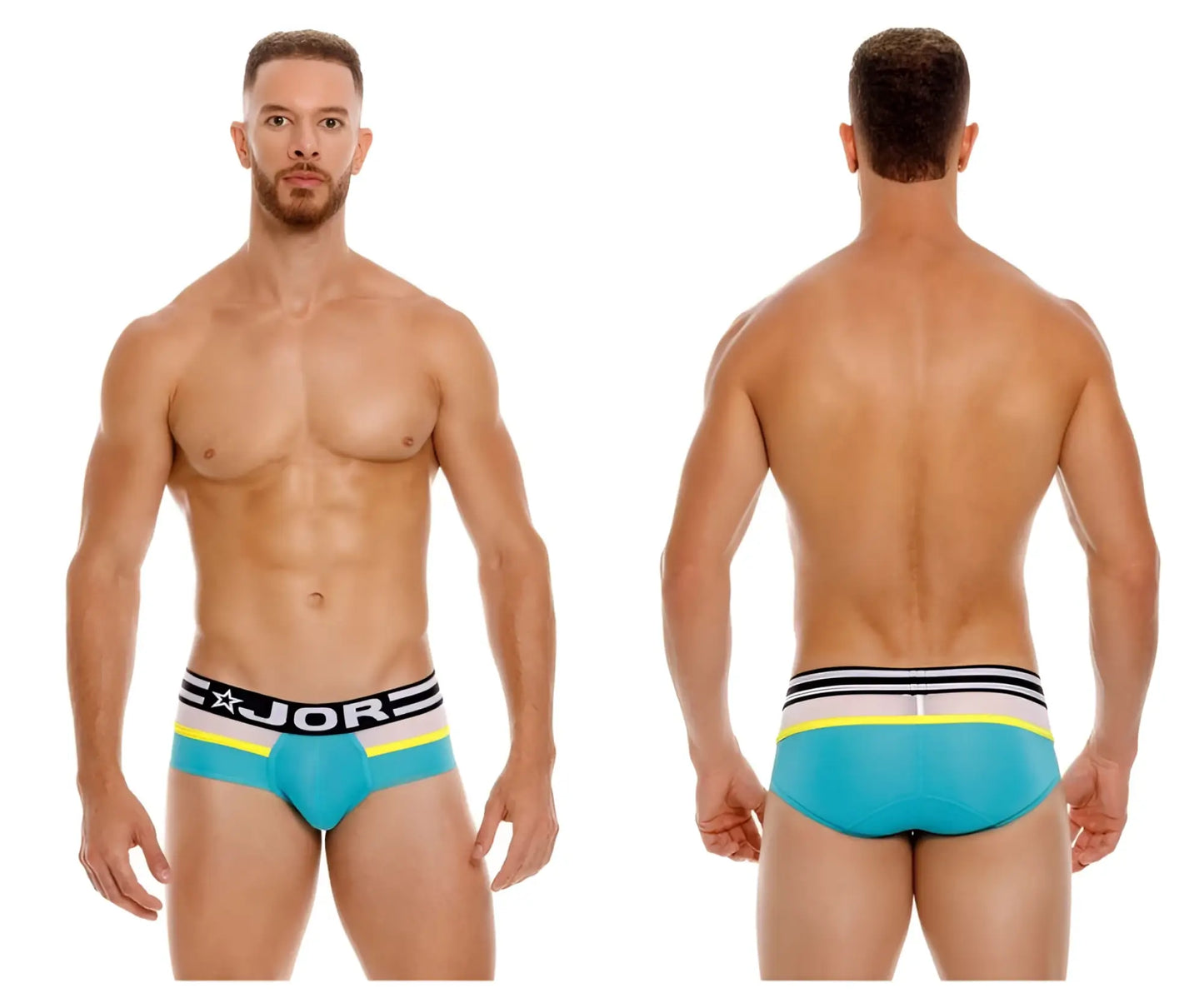 Turquoise JOR 1941 athletic briefs swim trunks with black white neon yellow striped waistband for swimming