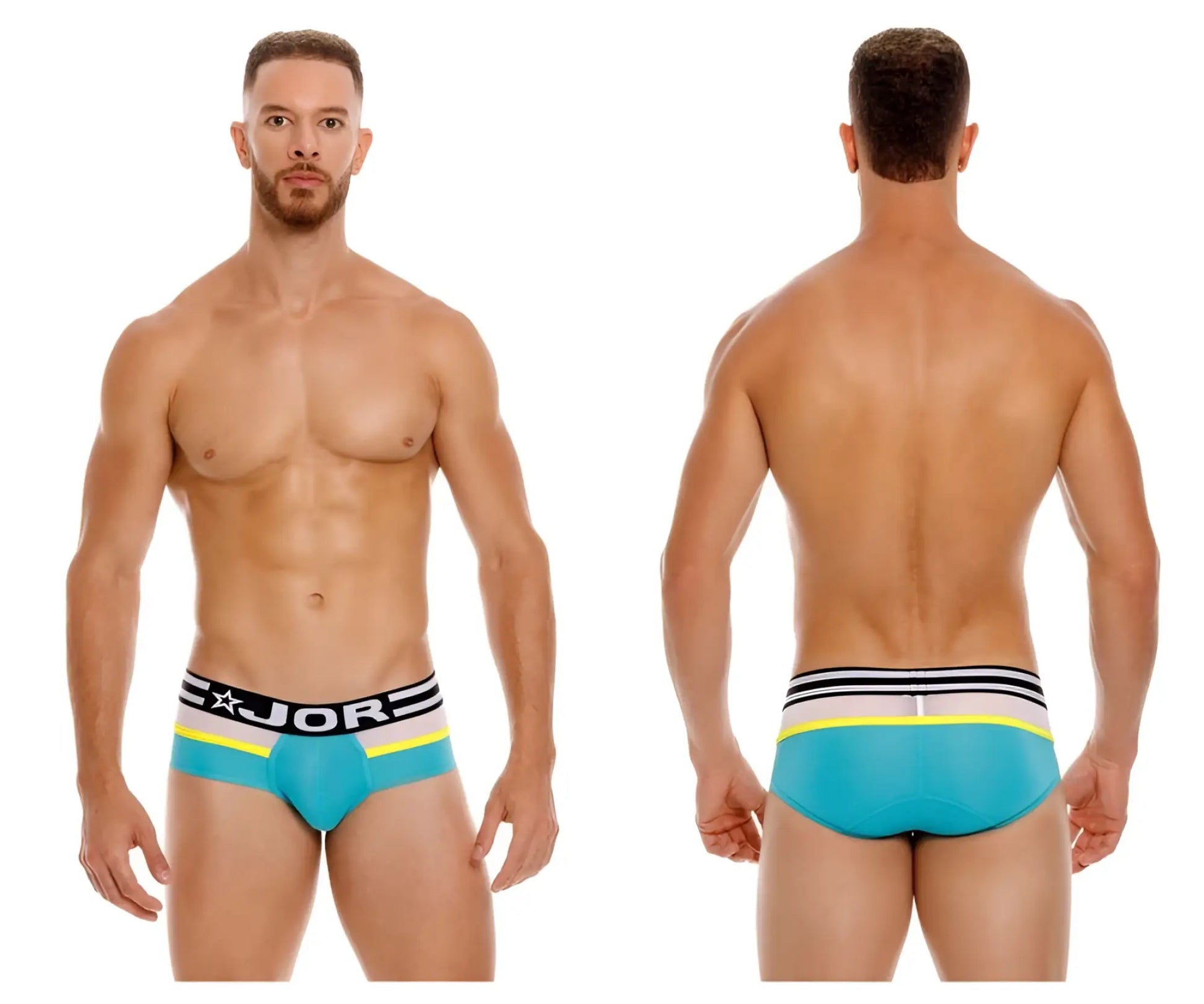 Turquoise JOR 1941 athletic briefs swim trunks with black white neon yellow striped waistband for swimming