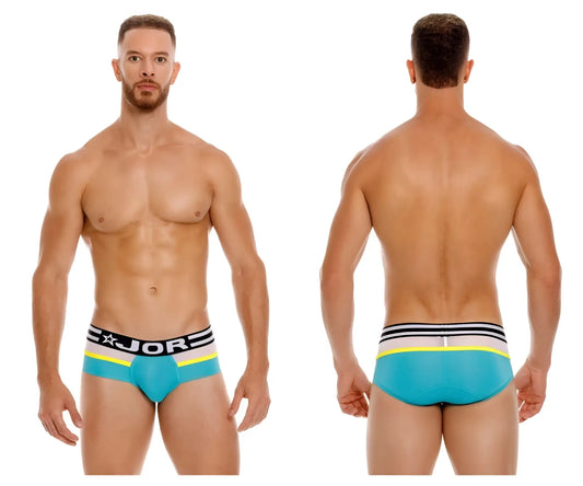 Turquoise JOR 1941 athletic briefs swim trunks with black white neon yellow striped waistband for swimming