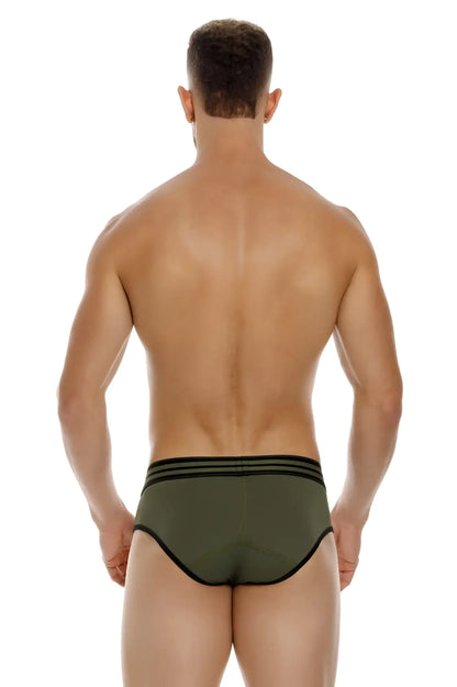 Olive green jor 1944 college briefs with black trim and three horizontal stripes on the waistband for comfortable wear