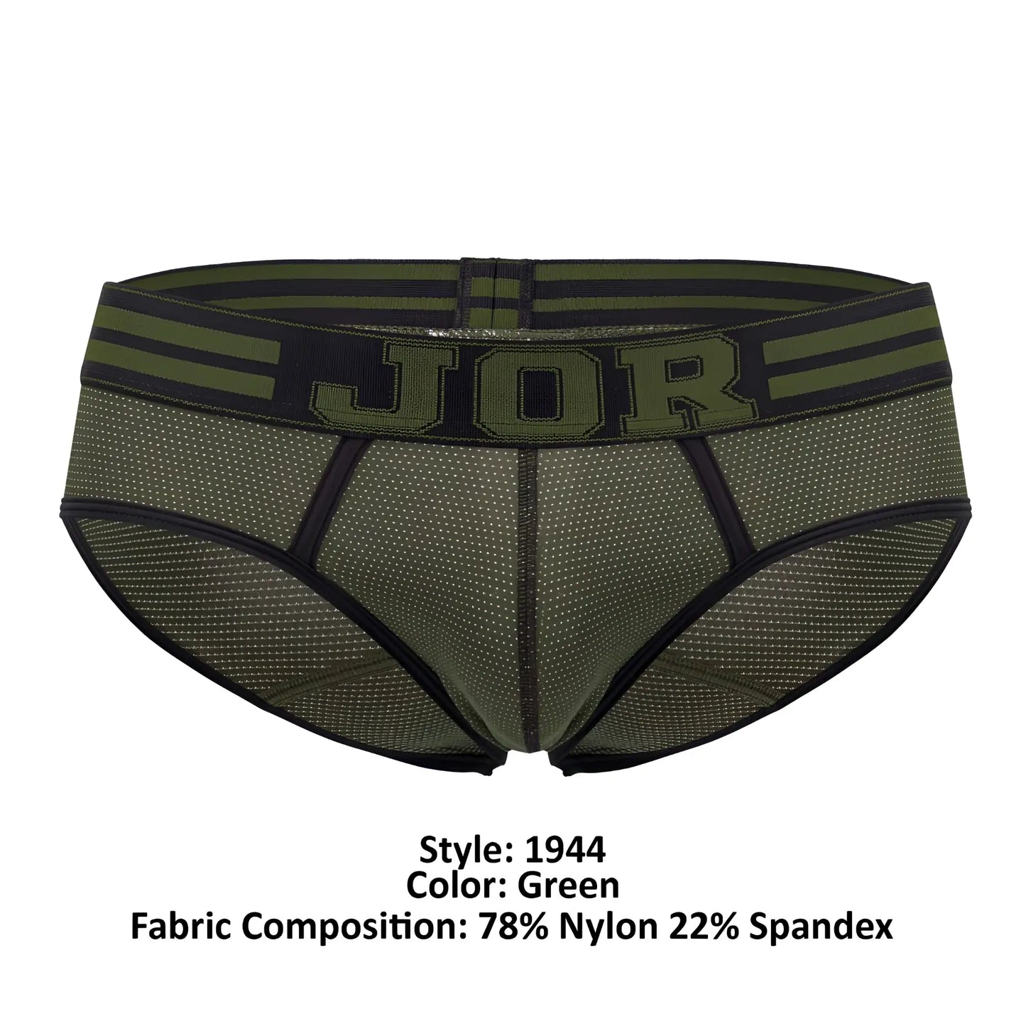 Jor 1944 college briefs in olive green mesh with black trim and bold jor logo on the waistband