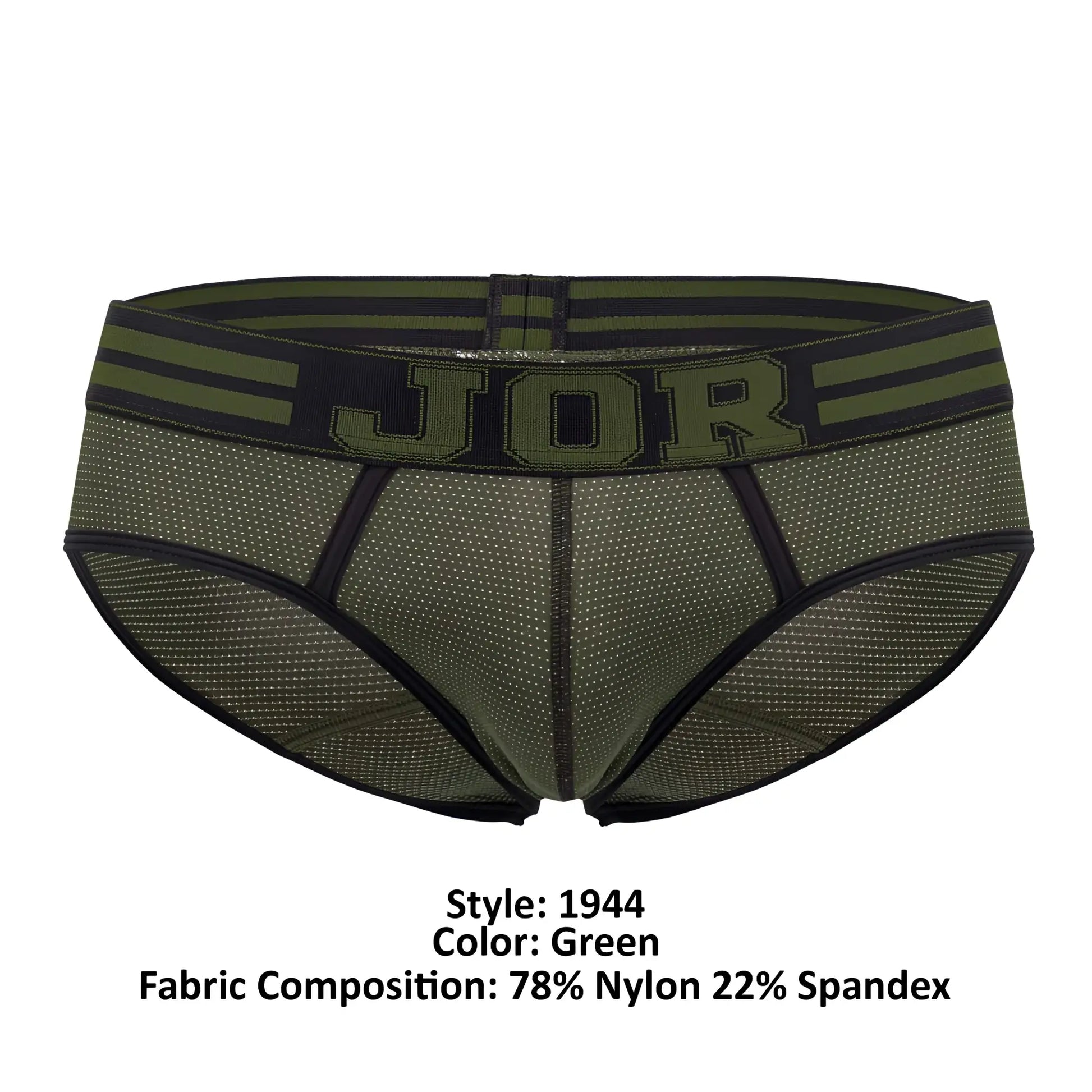 Jor 1944 college briefs in olive green mesh with black trim and bold jor logo on the waistband