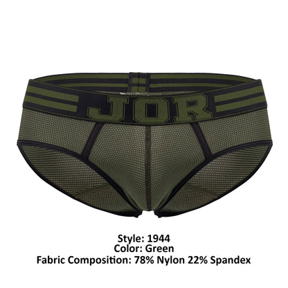 Jor 1944 college briefs in olive green mesh with black trim and bold jor logo on the waistband