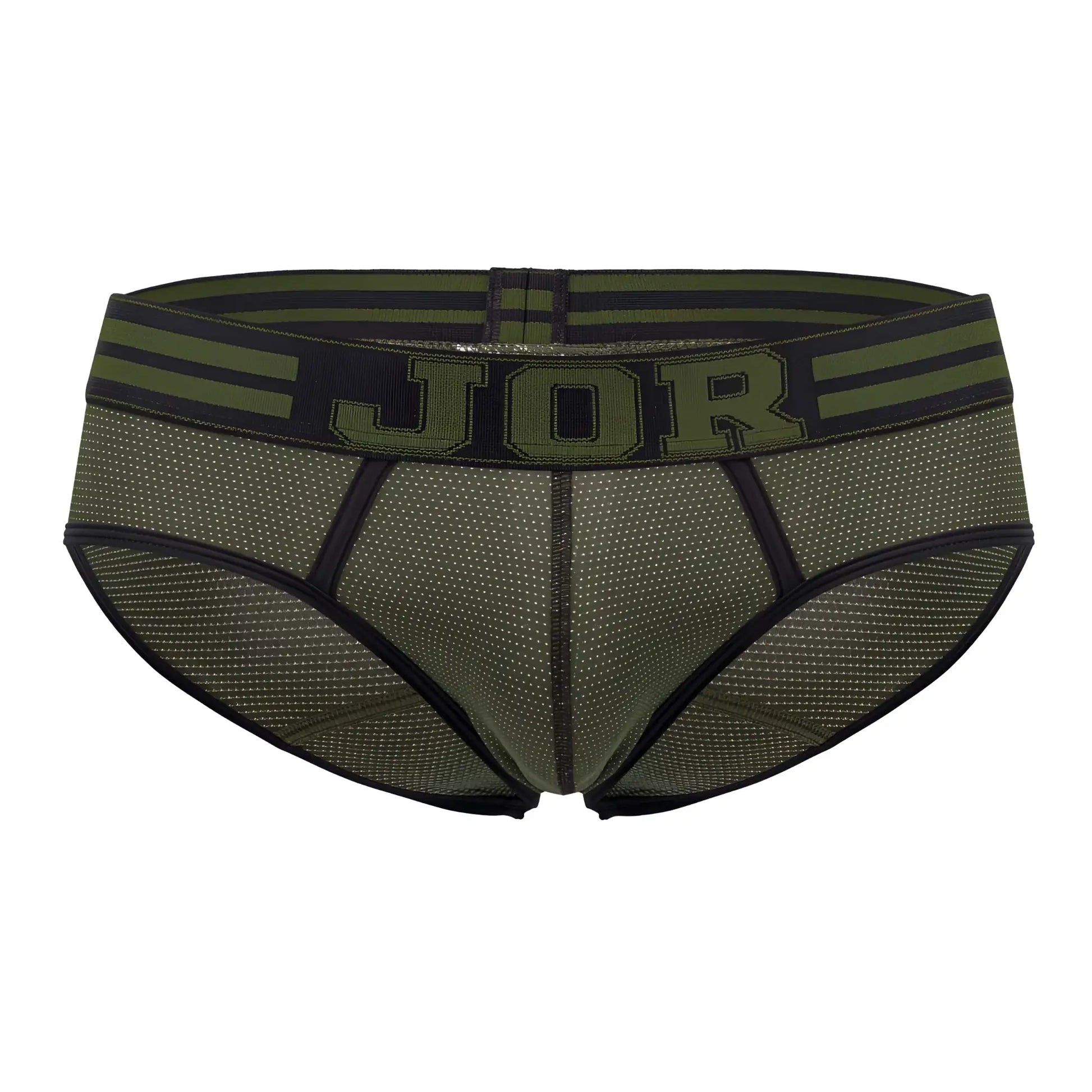 Olive green mesh briefs with black trim and bold jor logo on waistband from jor 1944 college briefs collection