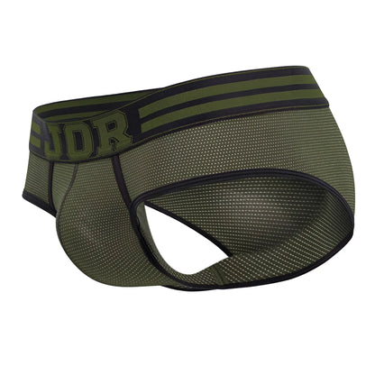 Olive green mesh jor 1944 college briefs with black trim and bold udr logo on waistband