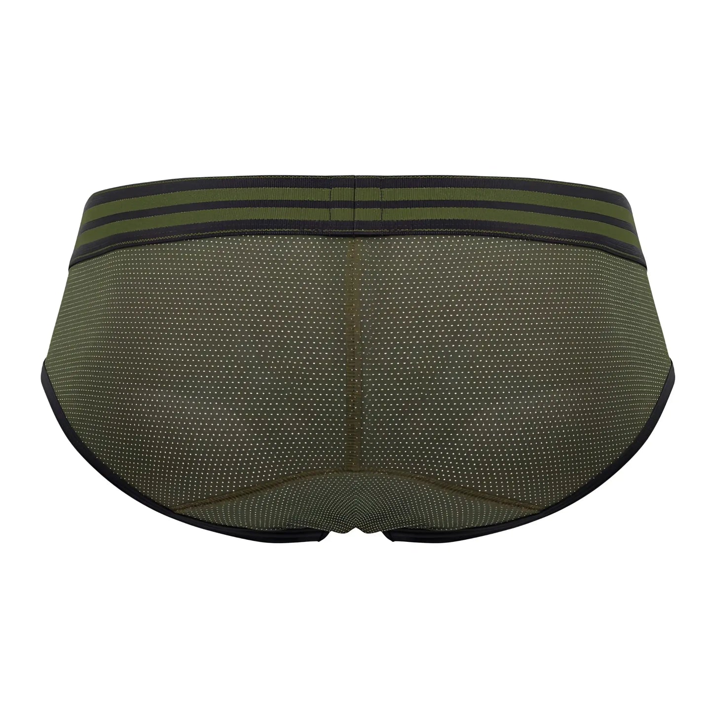 Olive green jor 1944 college briefs mesh material with black trim and two horizontal stripes on waistband