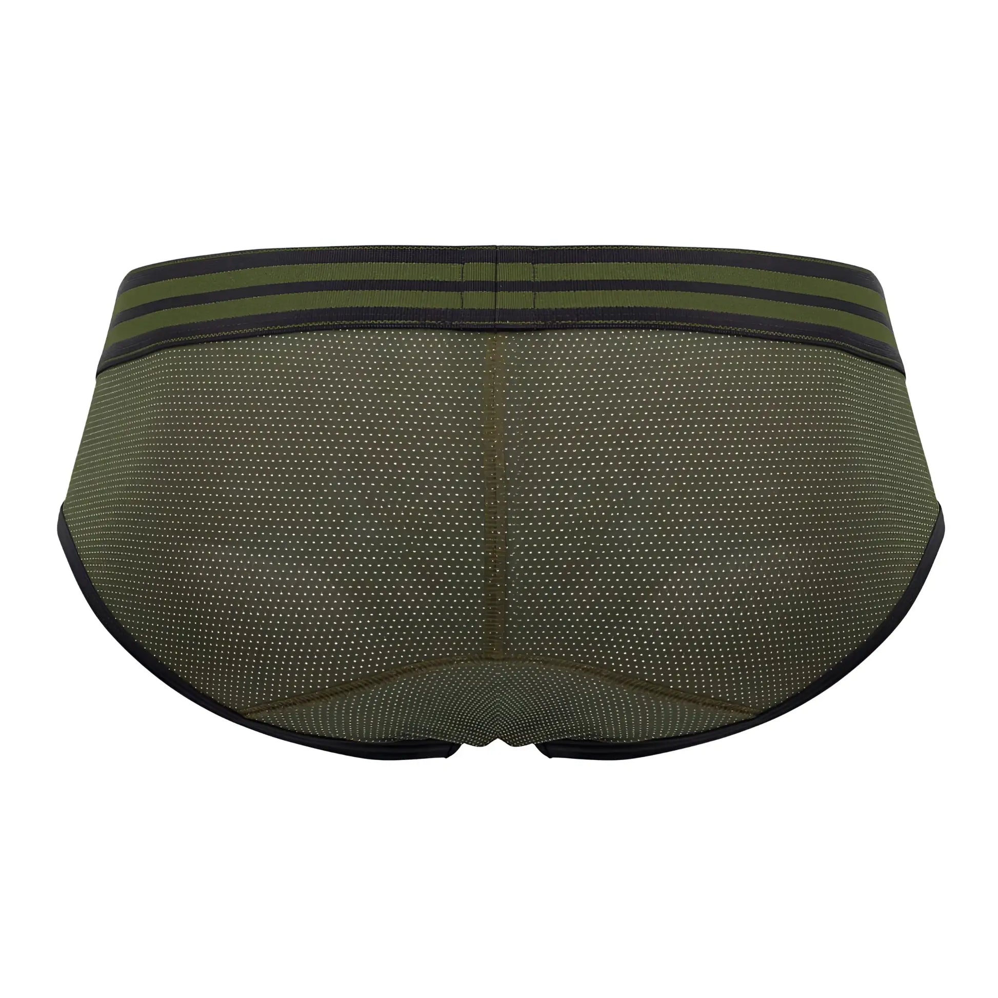 Olive green jor 1944 college briefs mesh material with black trim and two horizontal stripes on waistband