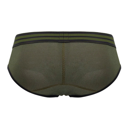Olive green jor 1944 college briefs mesh material with black trim and two horizontal stripes on waistband