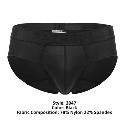 Black jor 2047 element men’s briefs made of 78% nylon 22% spandex with textured waistband and metallic logo
