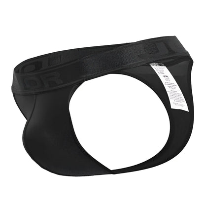 Black jor 2050 element thongs with smooth stretchy fabric and elastic waistband featuring the brand logo