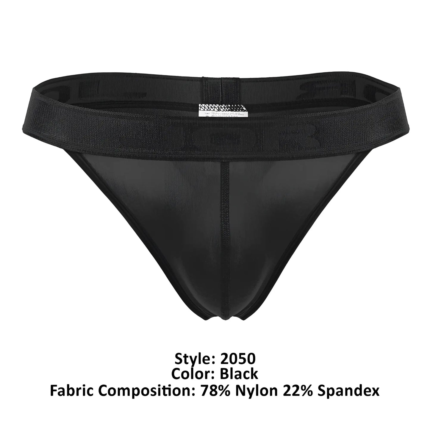 Black JOR 2050 Element thong made of 78 nylon 22 spandex with a textured waistband shown from the back side