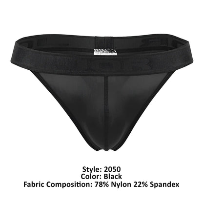 Black JOR 2050 Element thong made of 78 nylon 22 spandex with a textured waistband shown from the back side