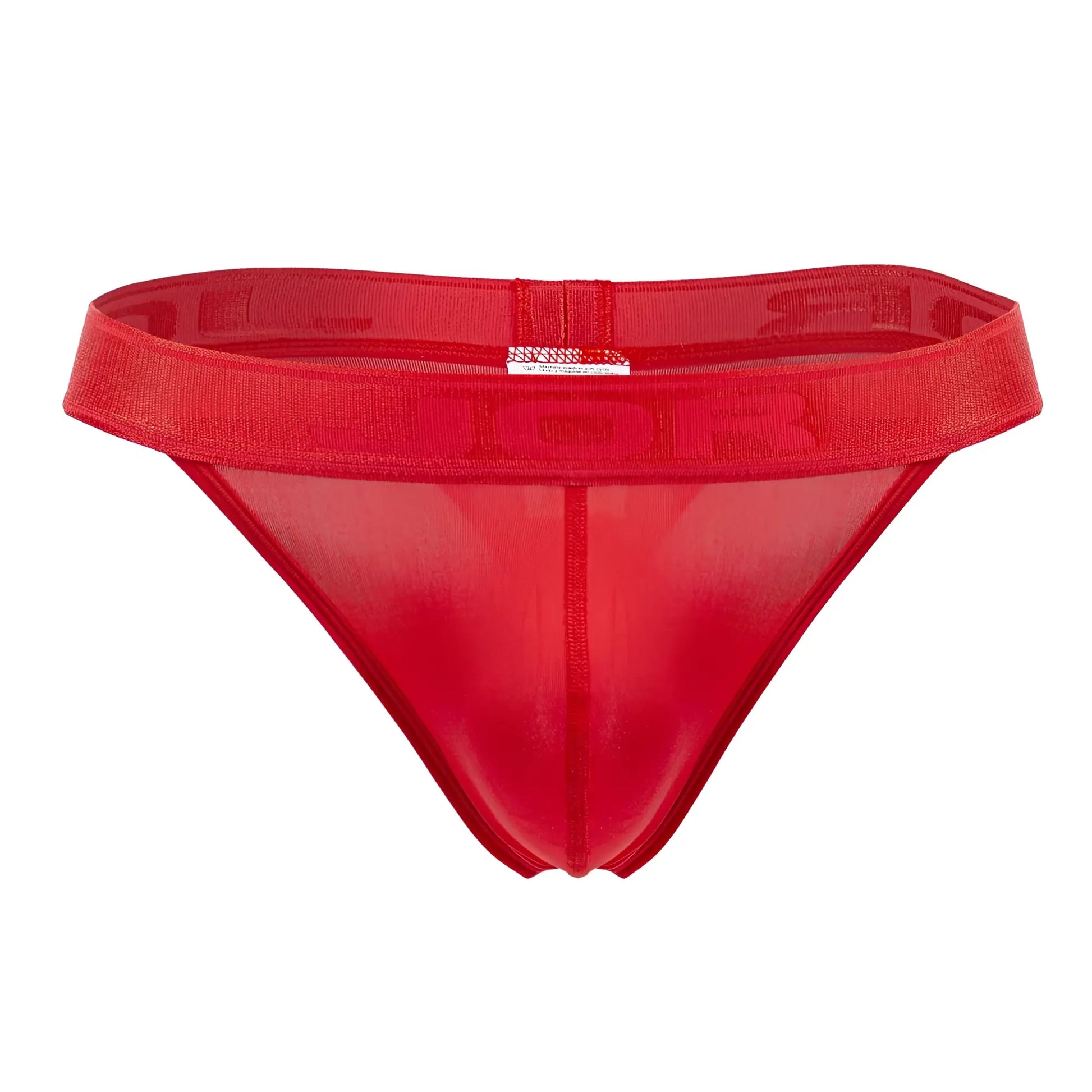 Red sheer mesh thong with solid red elastic waistband embossed lettering jor 2050 element thongs back side