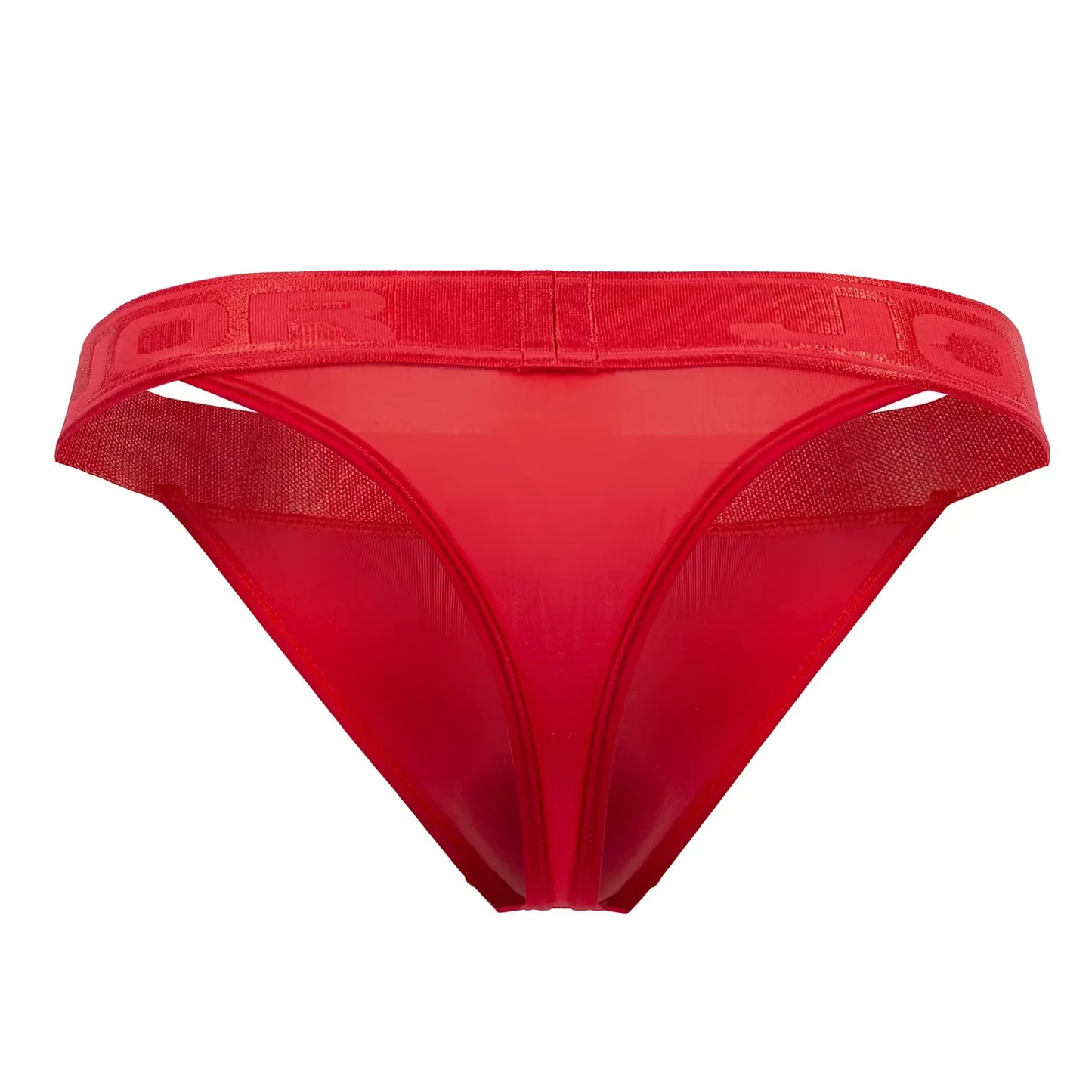 Red sheer mesh thong jor 2050 element with wide elastic waistband featuring embossed branding