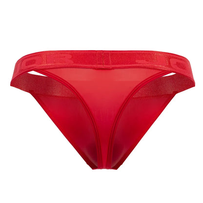 Red sheer mesh thong jor 2050 element with wide elastic waistband featuring embossed branding