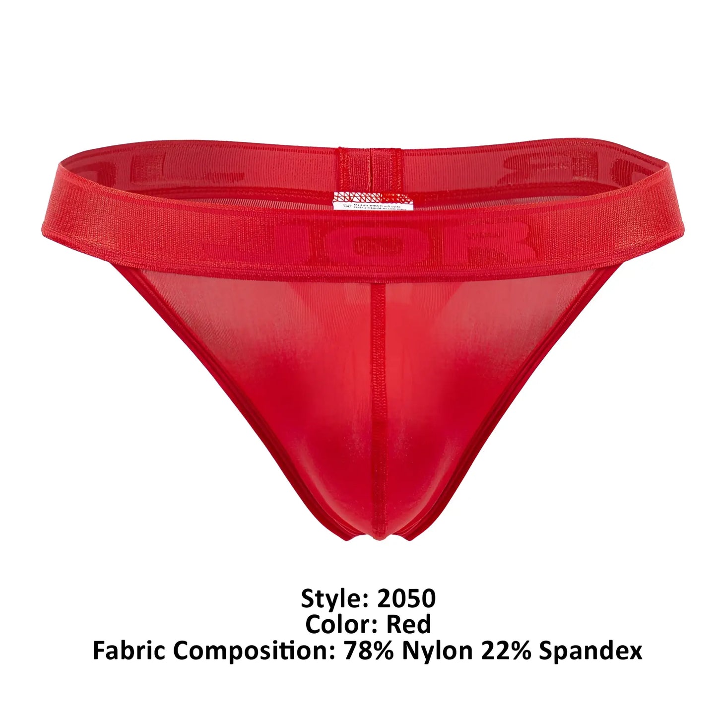 Red sheer nylon and spandex briefs with bold dior logo embroidered on the waistband from jor 2050 element thongs red