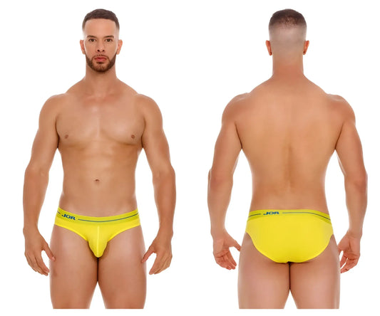 Bright yellow jor 2053 daily bikini briefs with thin green trim and black jor logo lettering on front