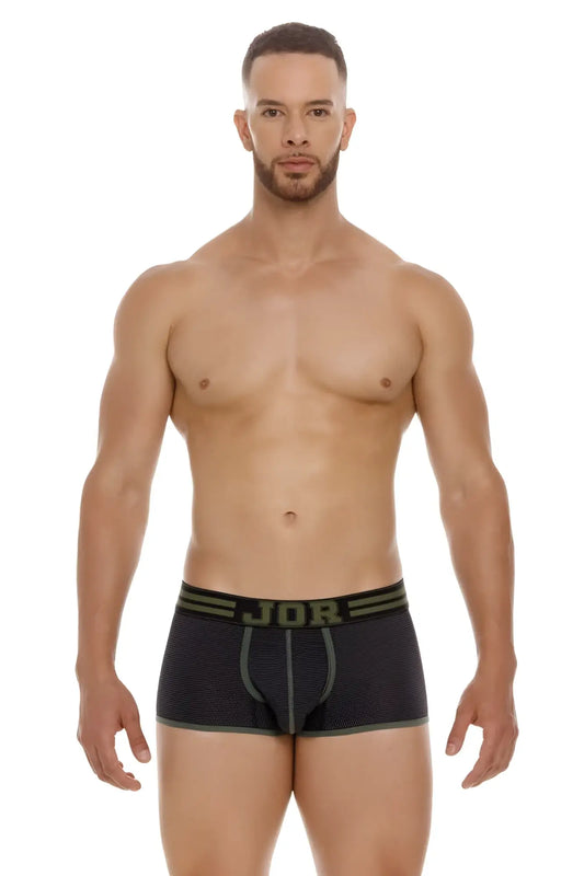 Black jor 2056 college trunks boxer briefs with olive green trim and subtle textured pattern for comfortable wear